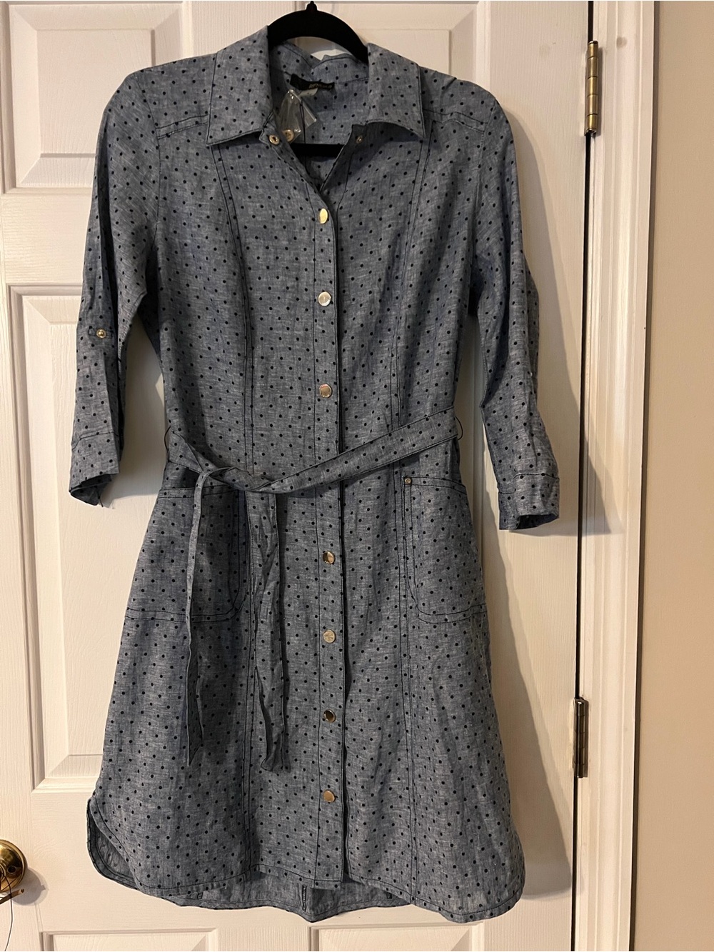 Renuar Light Blue Polka-Dot Midi Shirt Dress with Belt